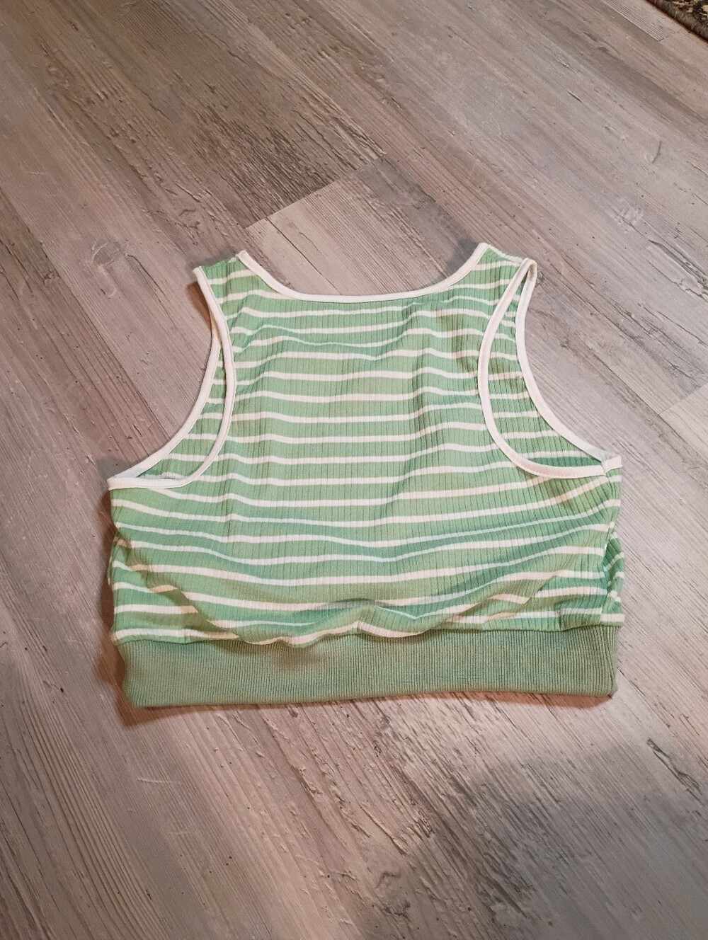 Women’s Green Striped Ribbed Crop Tank with White Trim